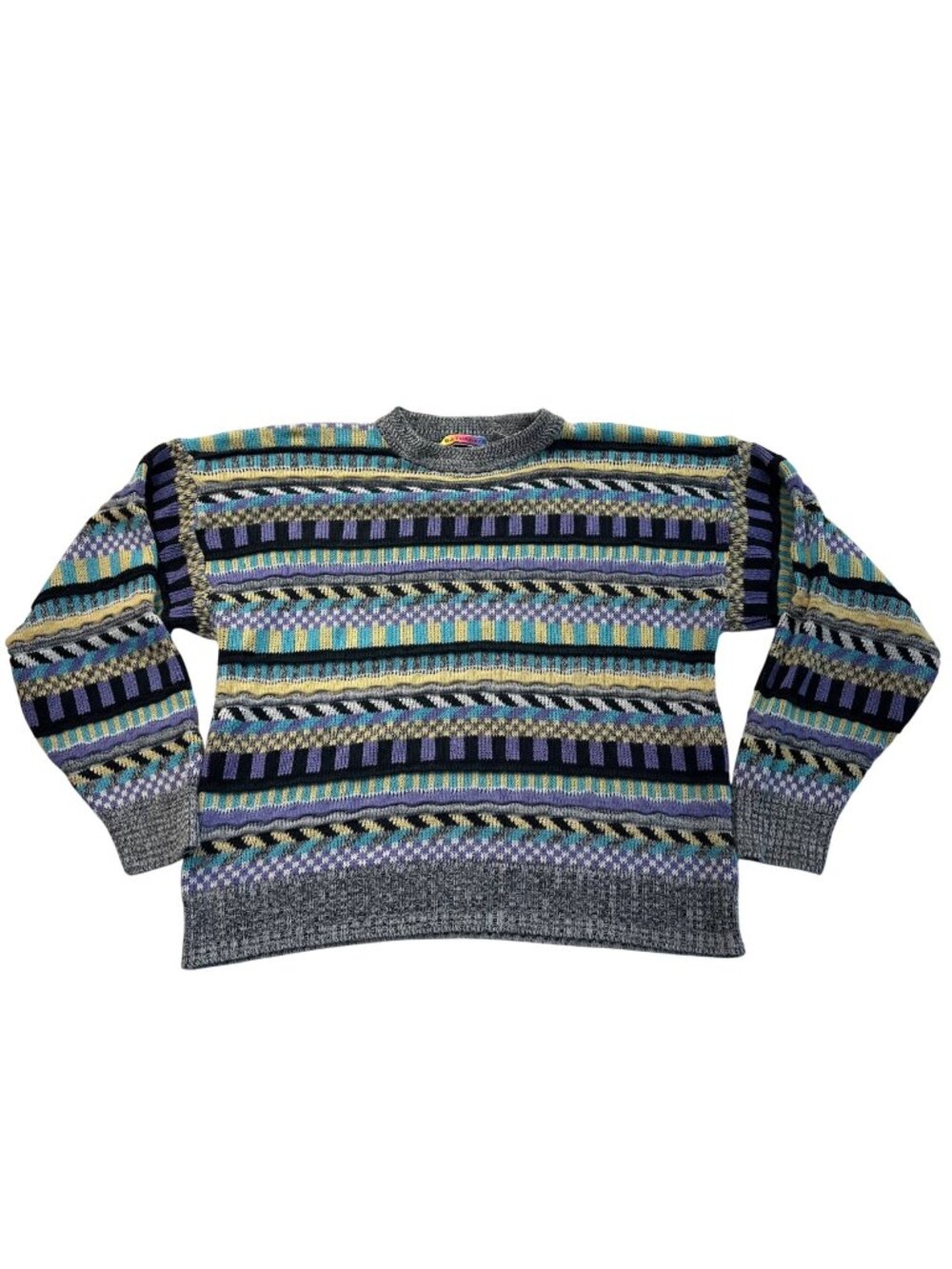 Vintage 3D Knit Striped Bright Multicolor Sweater Mens Size Large Ramie Cotton